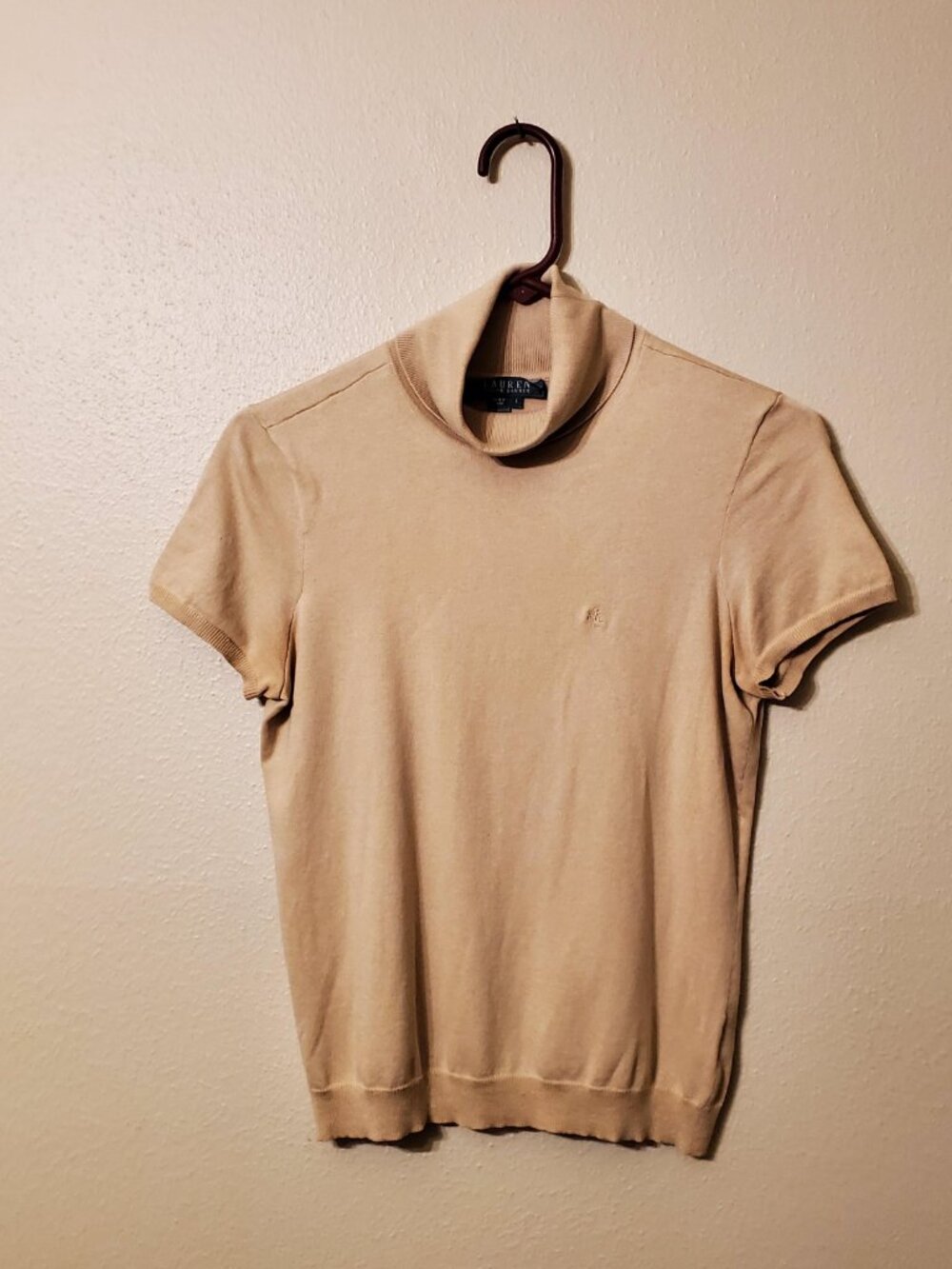 Lauren Ralph Lauren Tan Short Sleeve Turtleneck with Embroidered LRL Crest Small